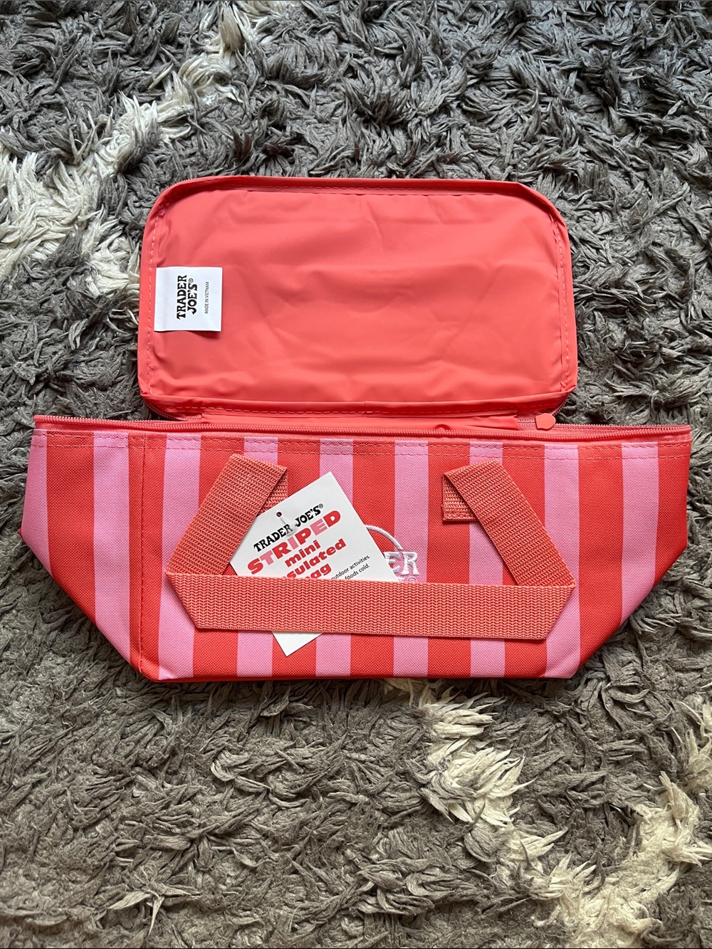 Trader Joe’s striped mini insulated bag. New with tag. Pink. Orange. Coral.
